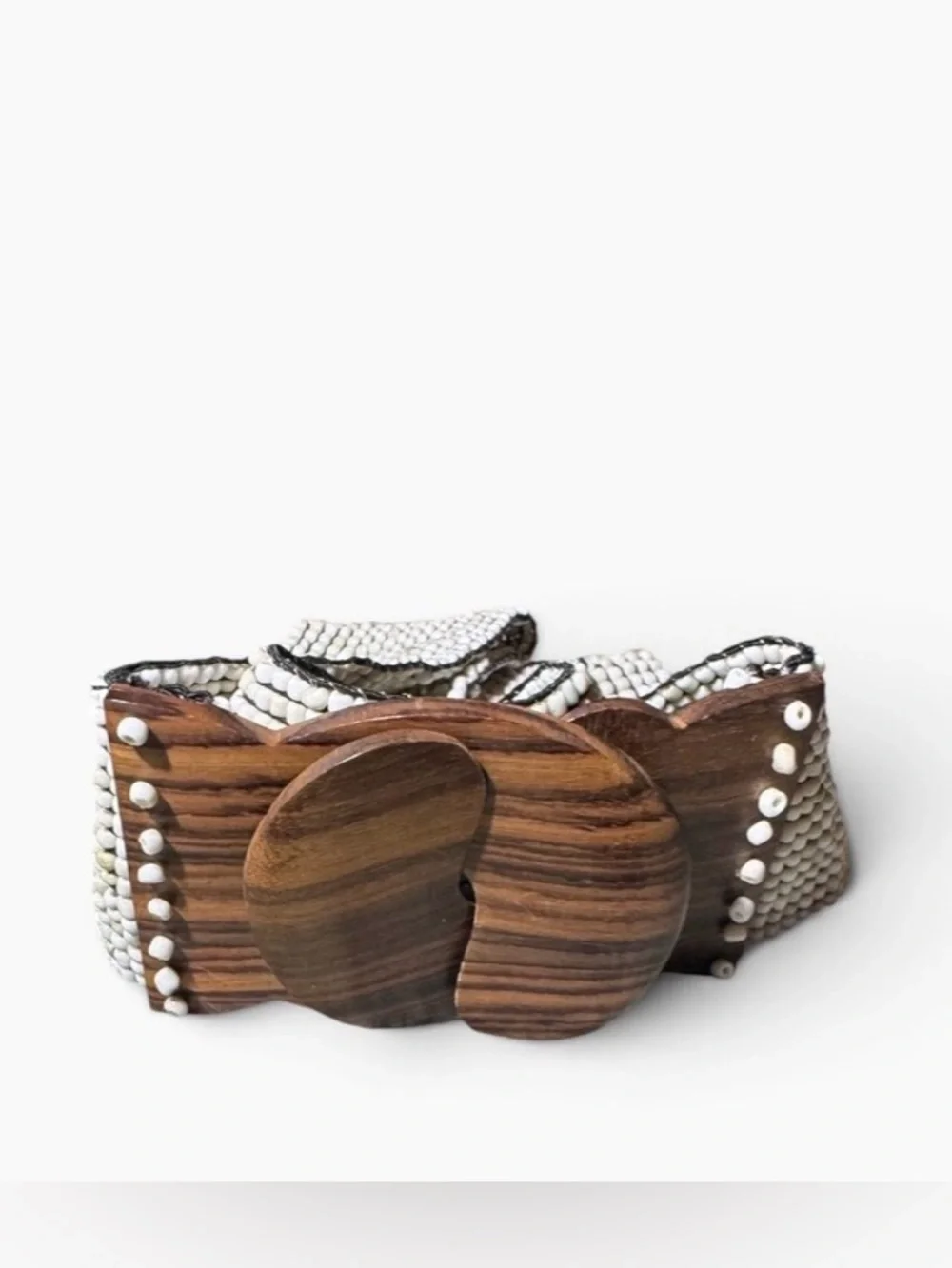 Anthropologie Wide Ivory Beaded Stretch Belt with Brown Wood Buckle